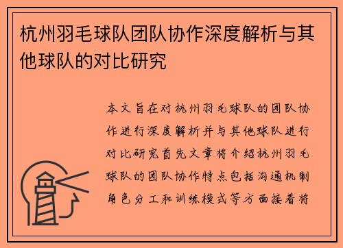 杭州羽毛球队团队协作深度解析与其他球队的对比研究