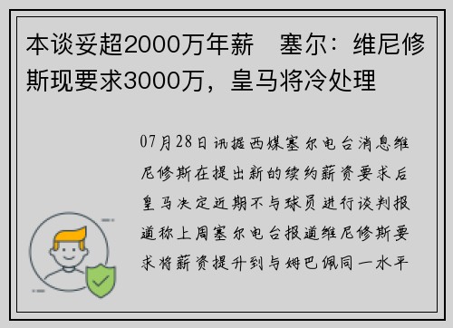 本谈妥超2000万年薪❗塞尔：维尼修斯现要求3000万，皇马将冷处理